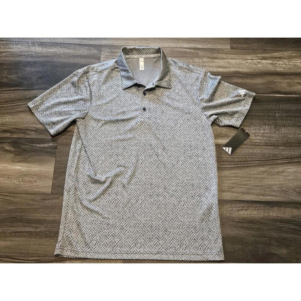adidas Men's Jacquard Polo Shirt Silver Blue Geometric Pattern M Short Sleeve